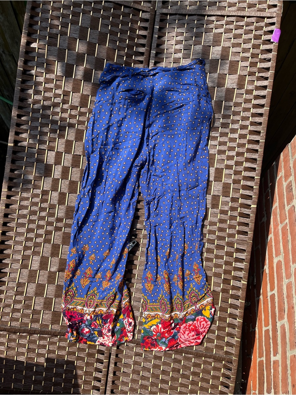 Anthropologie Navy Blue Wide-Leg Pants with Floral Border - Picture 3 of 7
